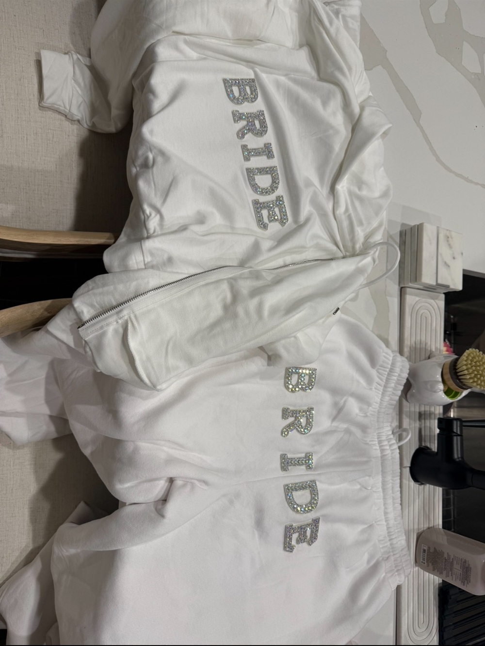 White 'BRIDE' Rhinestone Sweatshirt and Sweatpants Set
